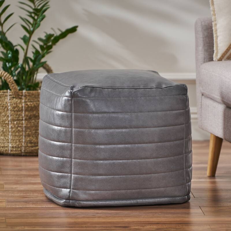 Baddow Contemporary Faux Leather Channel Stitch Pouf by Christopher Knight Home