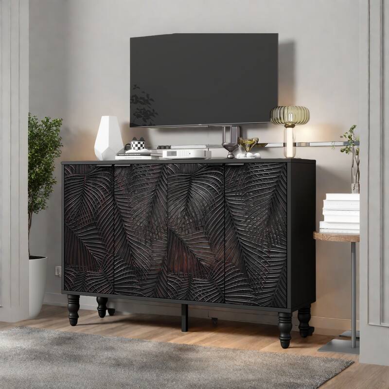 47.2" Modern Leaf-Accent TV Stand - 2 Adjustable Cabinets, Roman Column Legs and Anti-Tip Design - Black