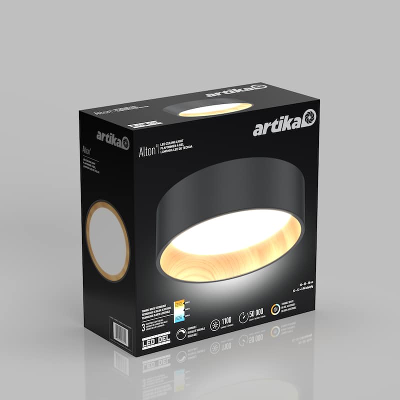 Artika Alton LED Flushmount, CCT, Black and Wood accent