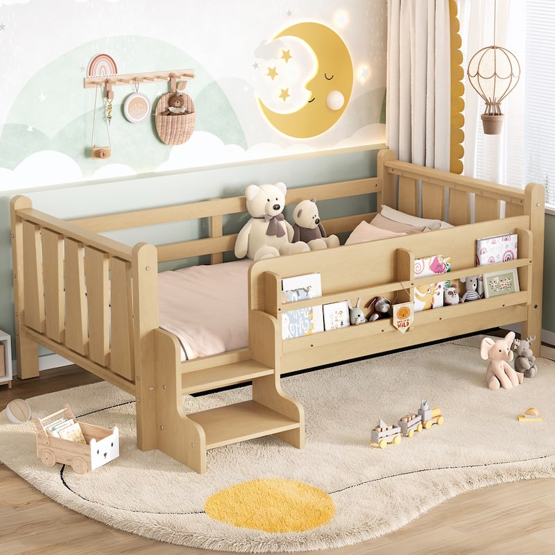 Full/Twin Floor Bed with Storage Bookcases & Cute Stairs - Solid Wood Kids Bed, No Box Spring - Light Natural - Twin