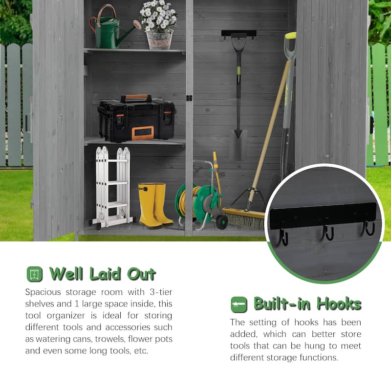 56"L x 19.5"W x 64"H Outdoor Storage Shed with Lockable Door, Wooden Tool Storage Shed w/Detachable Shelves & Pitch Roof
