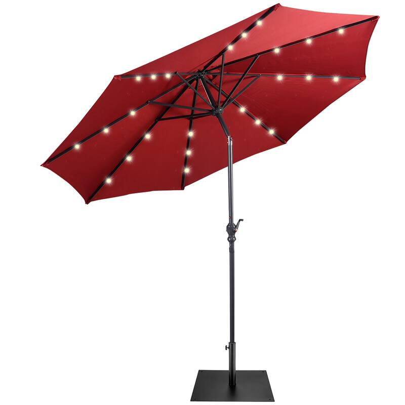 Costway 9ft Market Patio Umbrella w/Solar Lights & 40 LBS Steel - Burgundy