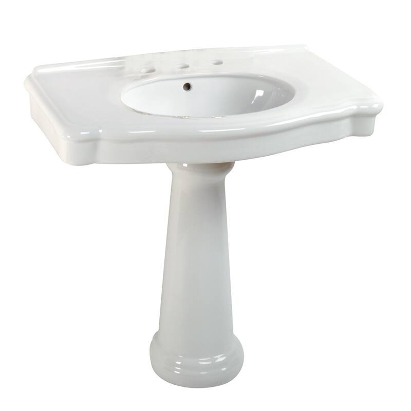 White Bathroom Pedestal Sink with Overflow and 8" Black Widespread Faucet Renovators Supply