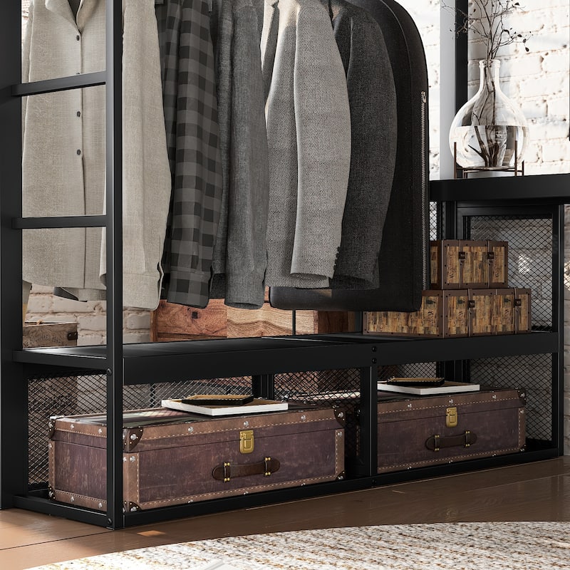 Queen Loft Bed with Metal Frame Desk Shelves and Hanging Rod
