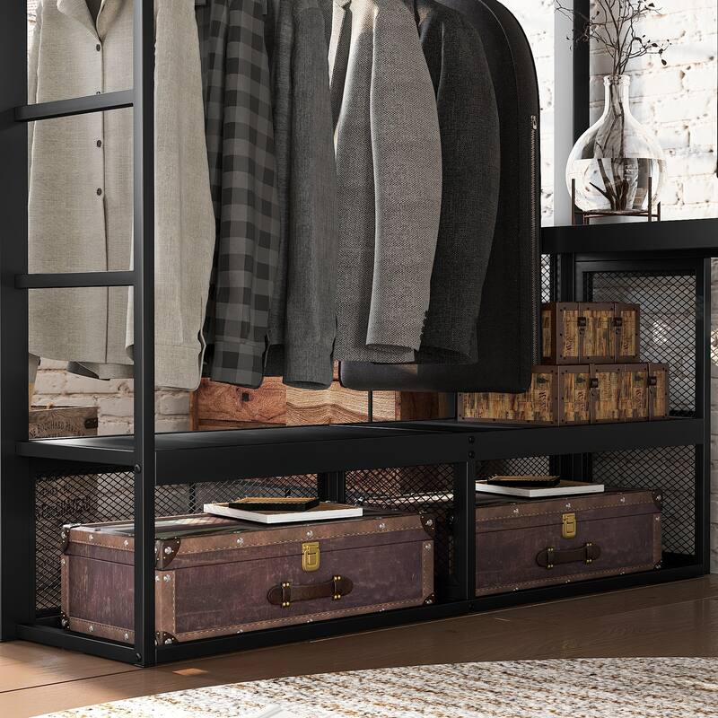 Queen Size Metal Loft Bed with Integrated Desk and Clothes Hanging Rod, Space-Saving Design No Box Spring Needed