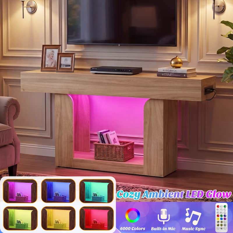63'' W Farmhouse Console Table with Chaging Station, Thick Sofa/ Entryway Table with Storage Shlef