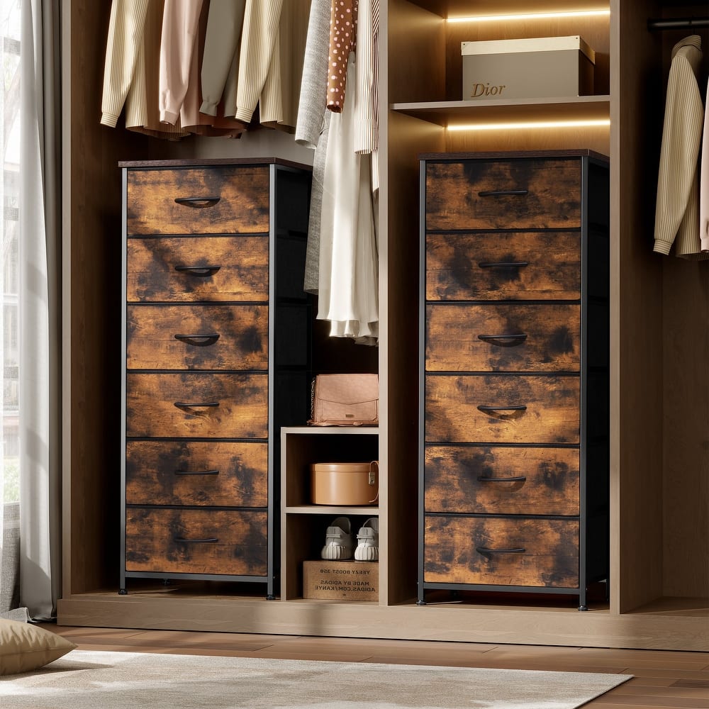 6 Drawers Chest - Vertical Storage Tower Steel / Wood / Fabric Dresser