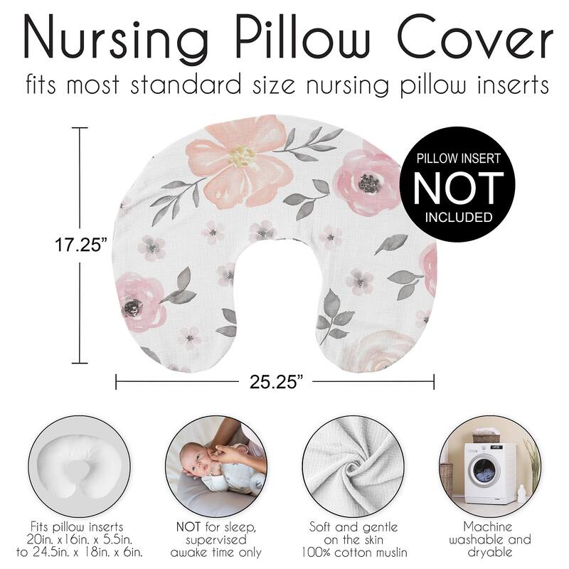 Sweet Jojo Designs Watercolor Floral Pink Girl 2 Pack 100% Cotton Muslin Nursing Pillow Covers - Solid Blush, Shabby, Farmhouse
