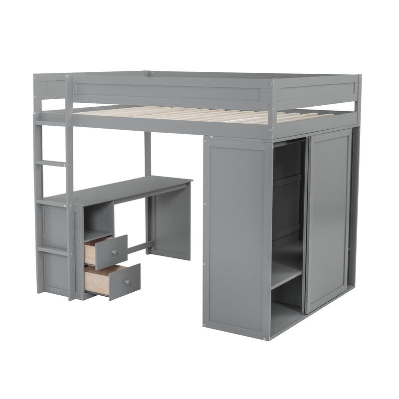 Full Size Loft Bed with Wardrobe, Desk, and Storage, Space-Saving Design