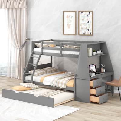 Twin over Full Bunk Bed with Trundle and Built-in Desk