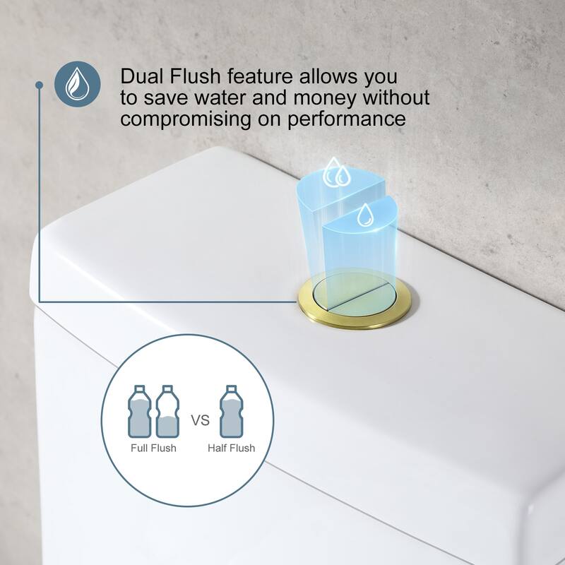 HOROW 1 Piece High Efficiency Dual Flush Toilet White 0.8 1.28 GPF Seat Included Brushed Gold Button - N/A