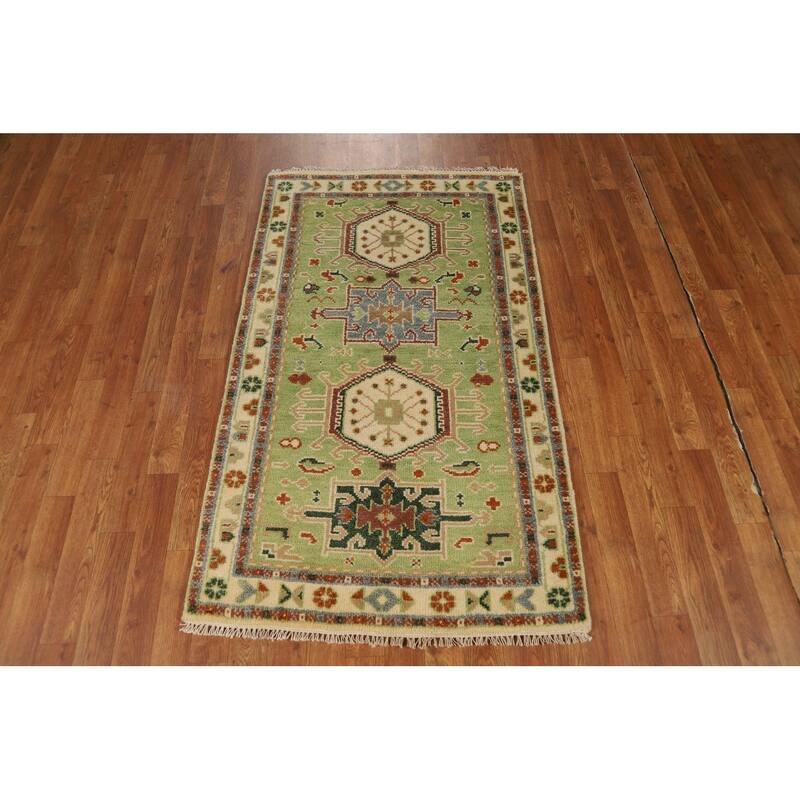 Light Green Geometric Khotan Indian Foyer Rug Hand-Knotted Wool Carpet - 2'11"x 5'0"