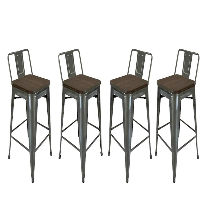 Set of 4 Industrial Style 30 Inch Wood and Metal Bar Height Chairs - 12” x 12” x 30”