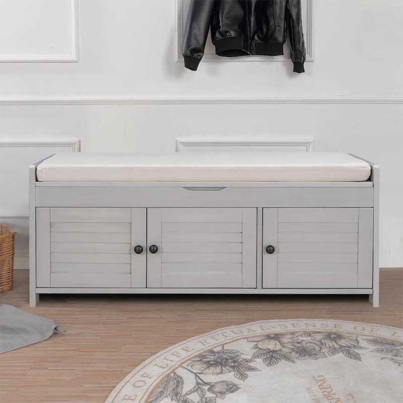 Classic Modern Storage Bench with Two Cabinets and Flip-Top Storage -  Gray Wash