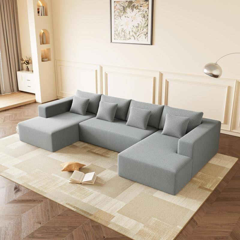 Corduroy U Shaped Sectional Sofa, Reversible, Spacious, Plush Cushions - Grey