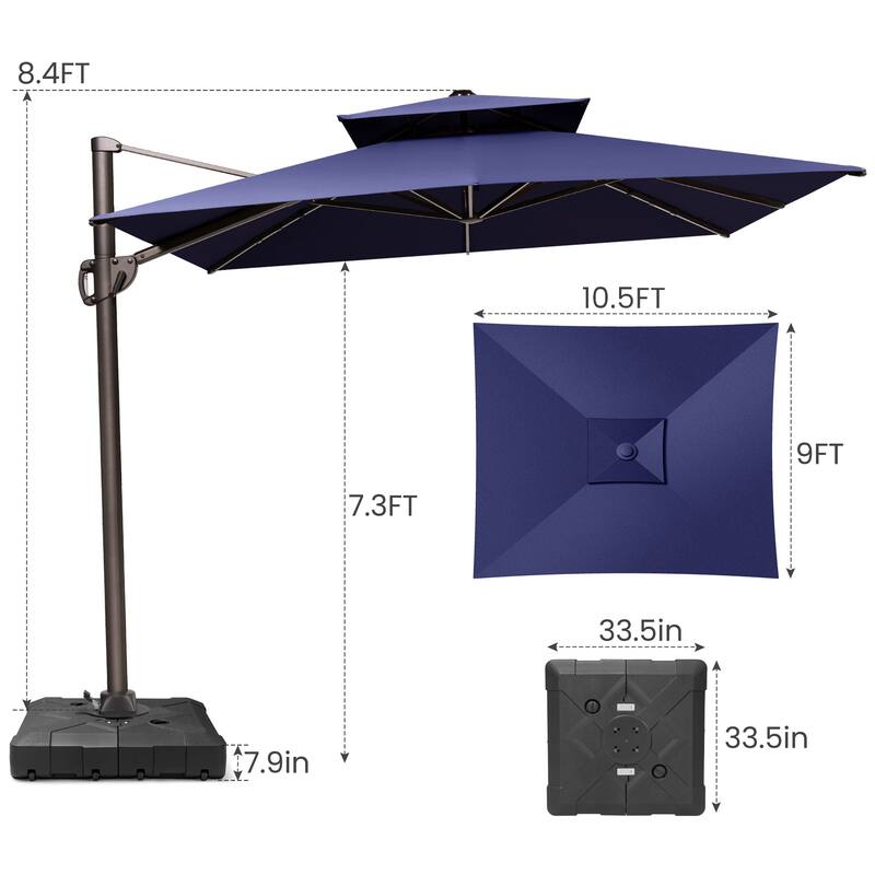 10.5 ft. x 9 ft. Double top 360-Degree Rotation Cantilever Patio Umbrella with Base