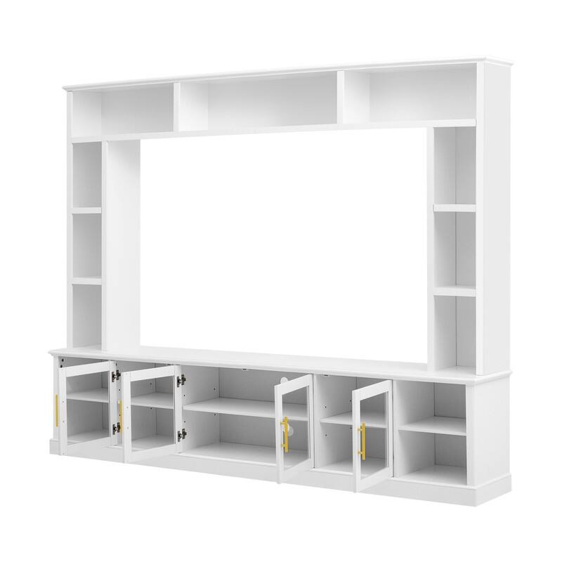 Modern Entertainment Center Wall Unit for TVs up to 80", One-Piece 95.1" TV Console Unit with Bookshelves & Tempered Glass Doors