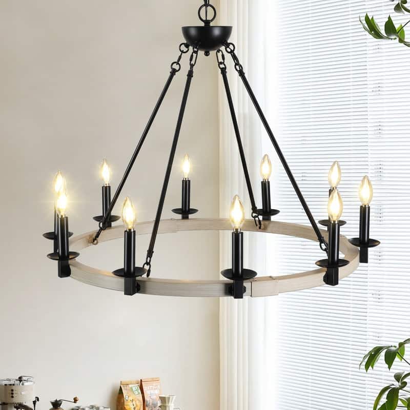 32-Inch Farmhouse Chandelier – 10-Light Black Metal & Wood Design with Adjustable Height (E12 Base, No Bulbs).