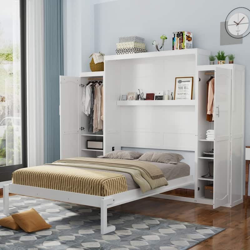 Modern Murphy Bed with Two Wardrobe and Storage Shelf - White - Full