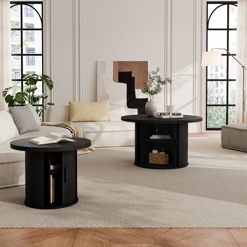 Mid Century Modern Round Coffee Table with Storage, Tambour Door Design Table for Living Room