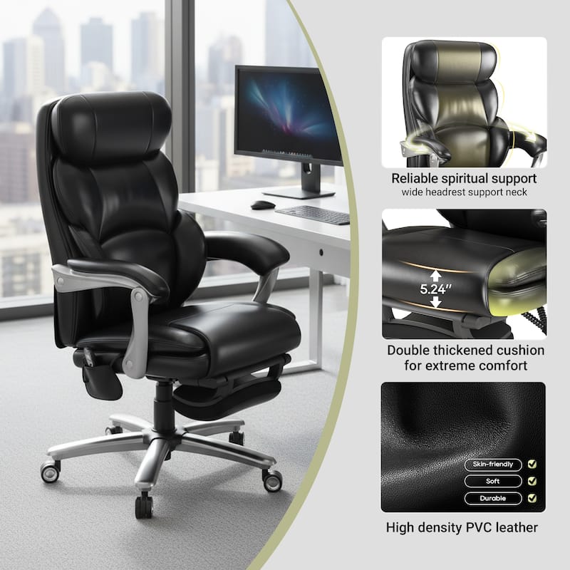 Executive Office Chair with Massage, Heat and Reclining Footrest - Wide Ergonomic Swivel Chair