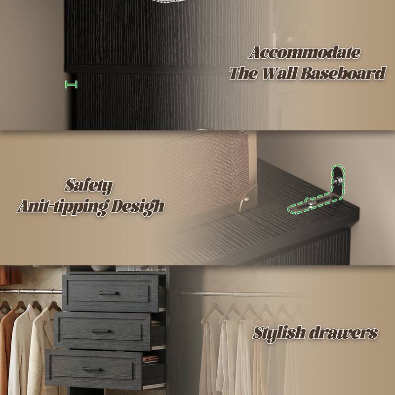 90'' W Closet System with Extendable Hanging Rods & Mirror,Walk-in Closet Organizer System Starter Kit with Drawers