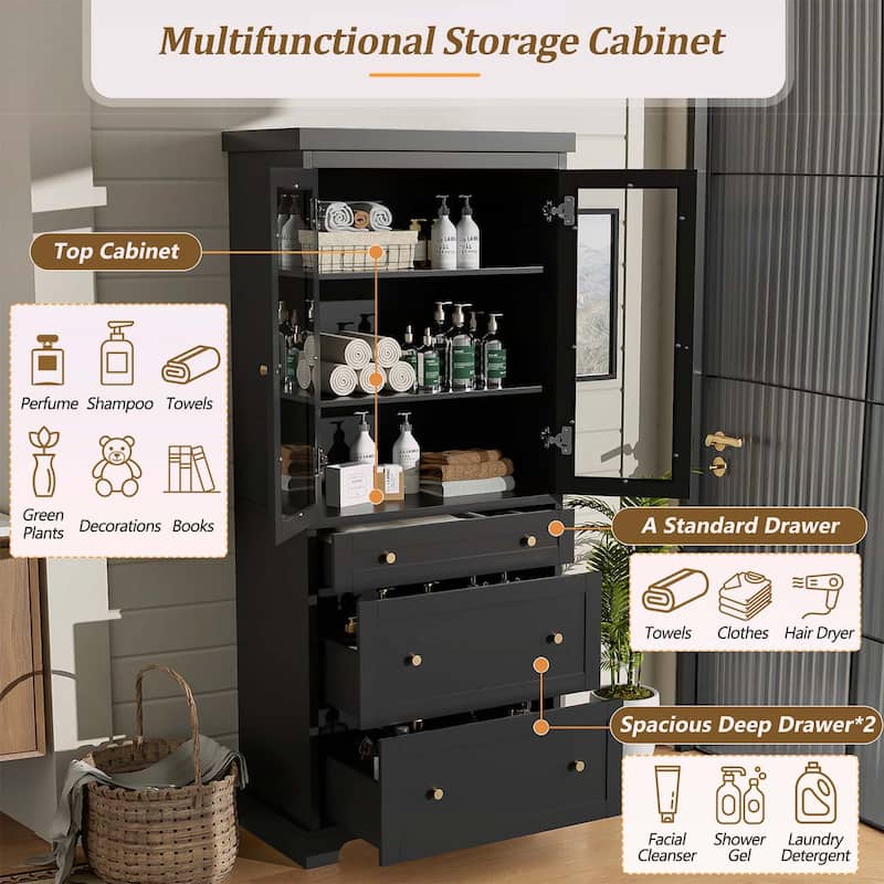 Freestanding Tall Cabinet with 2 Adjustable Shelves,3 Drawers,- Ideal for Bathroom,Living Room,and Kitchen Storage