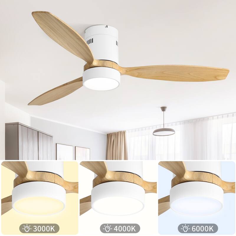 52″ White Flush-Mount Wooden Ceiling Fan with LED Light & Remote - 52