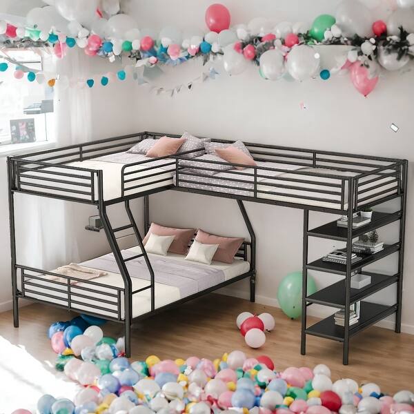 slide 2 of 11, Twin over Full Size L-Shaped Metal Bunk Bed and Twin Size Loft Bed with Four Built-in Shelves,Space Saving,Black Black