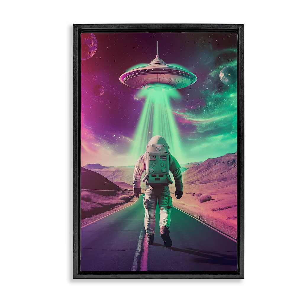 Stupell Astronaut Walking Toward UFO Framed Floater Canvas Wall Art Design By Wumples
