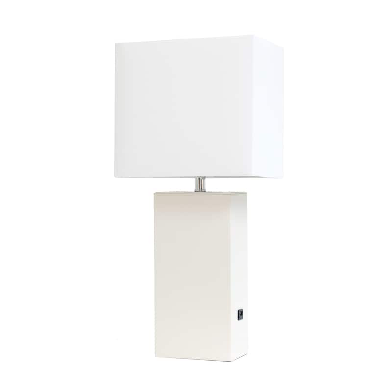 Modern Leather Table Lamp with USB and White Fabric Shade - Without Bulb - White