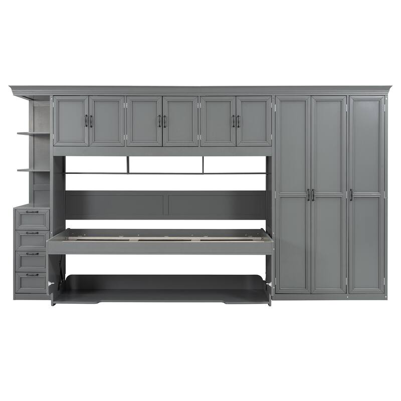 Twin Size Murphy Bed with Wardrobe, Cabinet, and Desk in Gray