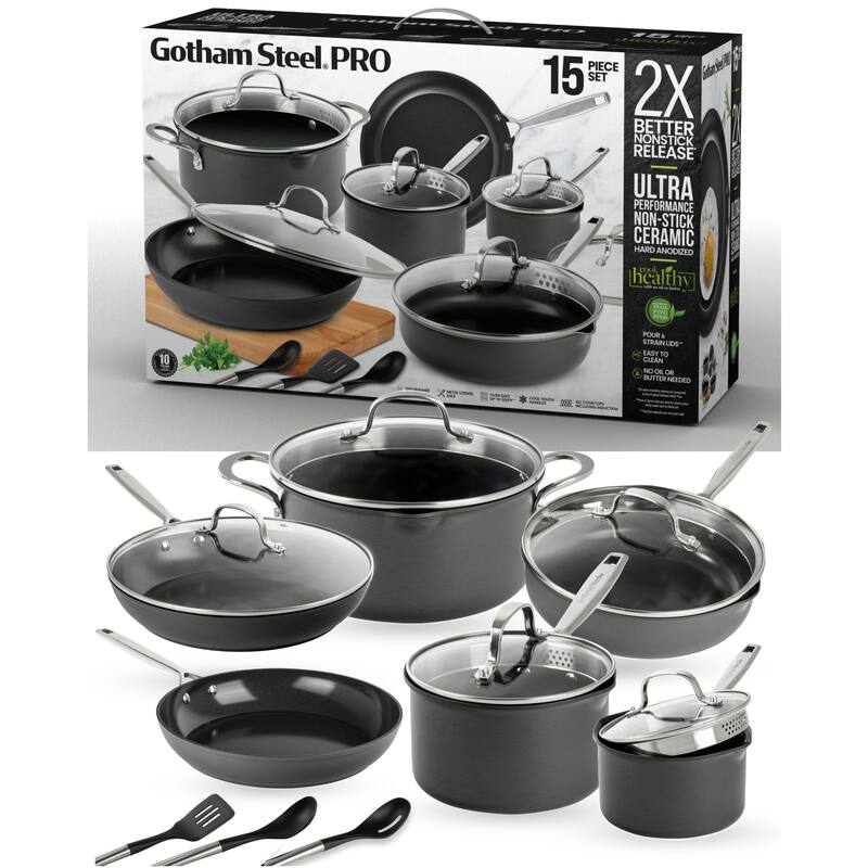 Gotham Steel Pro 15 Piece Nonstick Cookware Set with Utensils