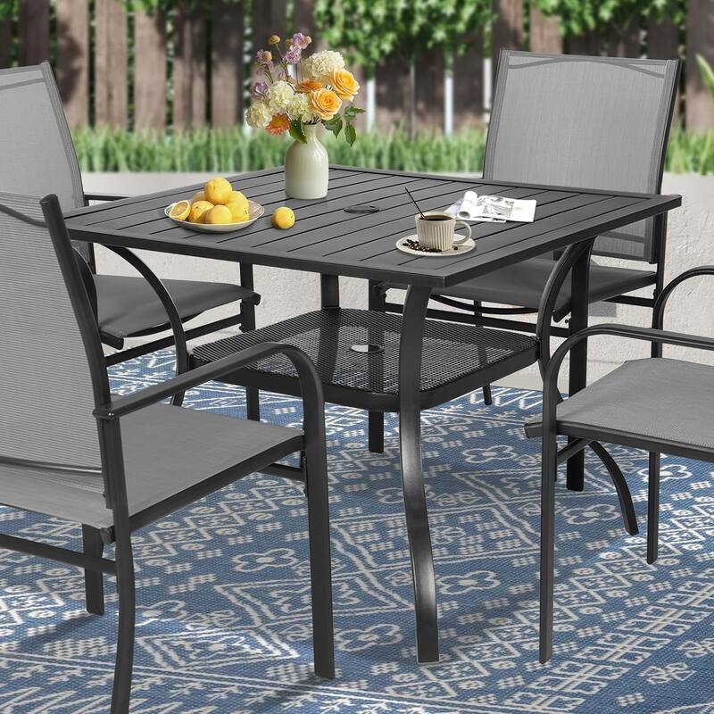 37" Black Square Rectangular Outdoor Patio Metal Steel Slatted Dining Table with Umbrella Hole
