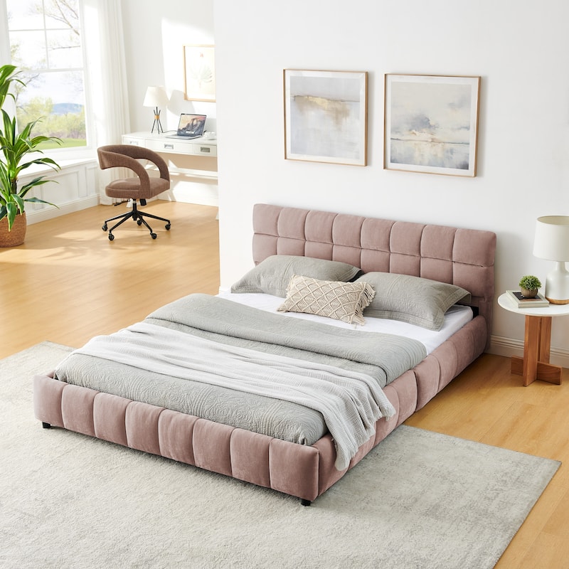 Block Thick Chenille Low Profile Platform Bed Fabric Upholstered Bedframe with Headboard Solid Wood Frame - Optional Storage Bed