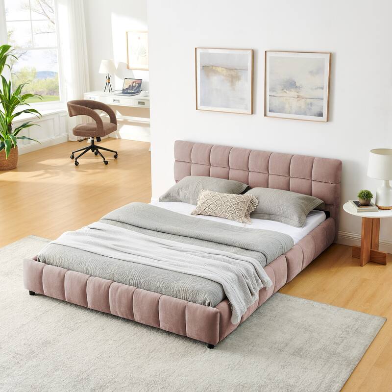 Lattice-shaped Cushion Platform Bed Grounded Bed Upholstered Bed Frame with 4 Drawers and Cozy Headboard No Box Spring Needed