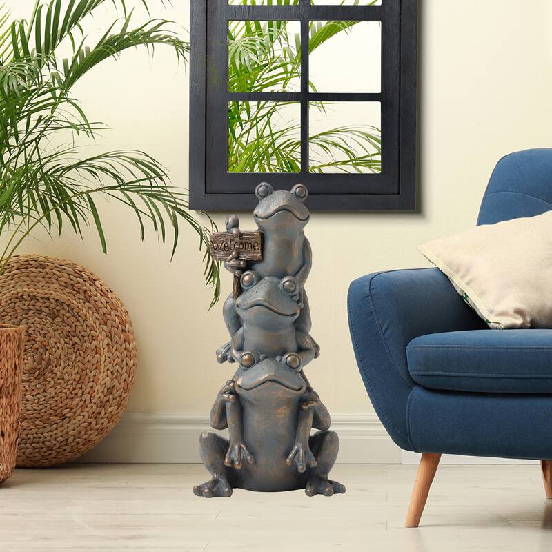 28" H Bronze MgO Lucky Stacked Frogs Garden Statues with "Welcome" Sign Zen-style Coastal-style Sculpture by Glitzhome