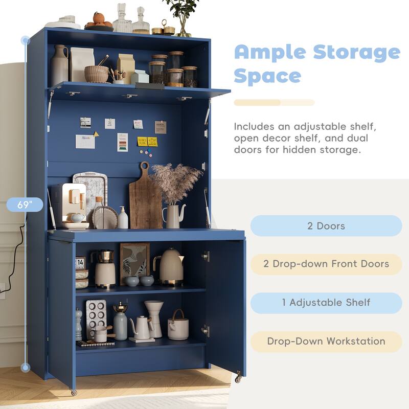 Compact Kitchen Pantry Storage Cabinet, 69" H Buffet Sideboard Server Table with Drop-Down Workstation & Power Outlet