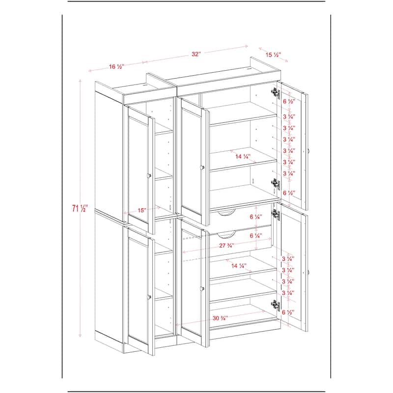 Palace Imports 100% Solid Wood Pantry Cabinet, Shaker Doors, 2 Drawers, Adjustable Shelves, 48.5" Wide, 71.5" Tall