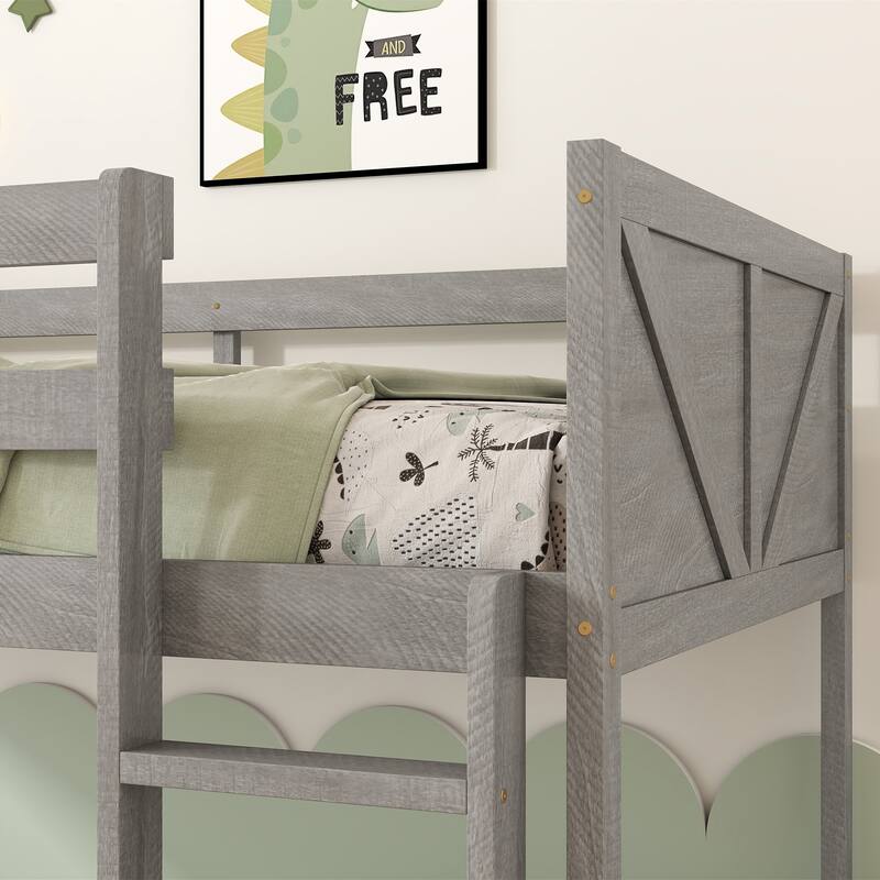 Low Twin Over Twin Size Bed Floor Bunk Bed with Panelled Headboard Footboard, Ladder and Guardrails, Solid Rubber Wood Frame