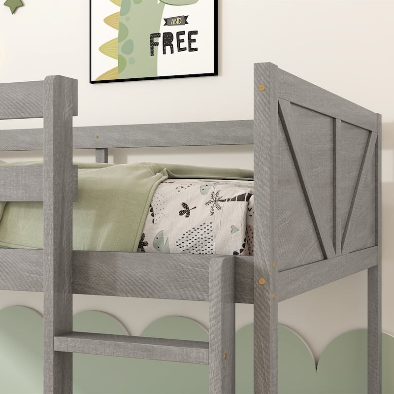 Twin Size Floor Bunk Bed with Safety Guardrails and Built In Ladder