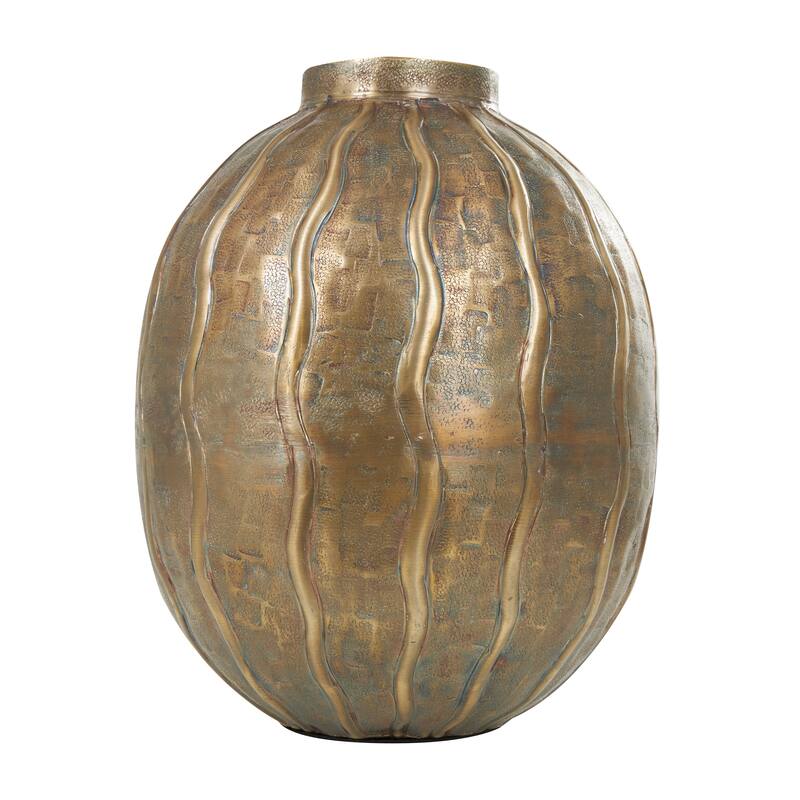Brass Metal Snakeskin Inspired Decorative Vase with Dimensional Wavy Accents