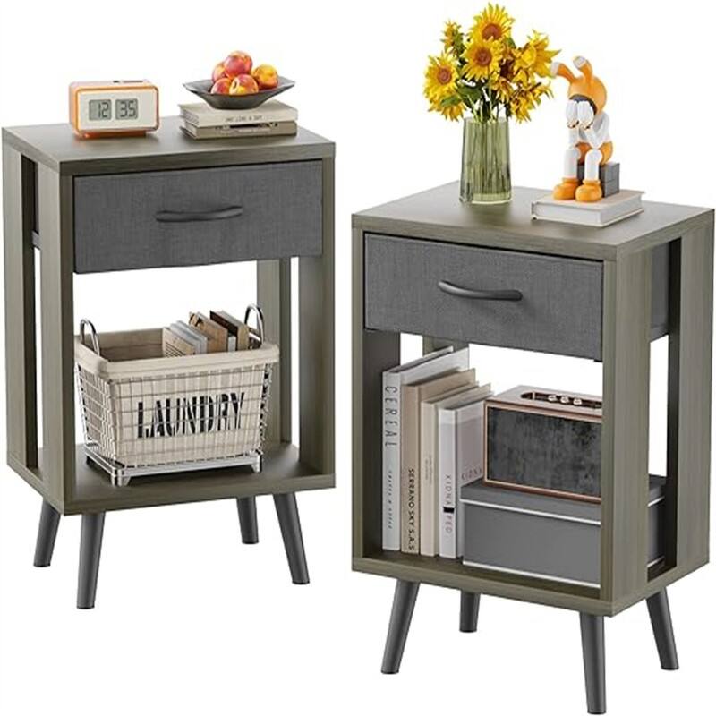 Nightstands Set of 2 with Fabric Storage Drawer - Grey