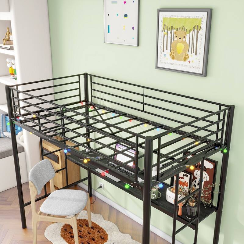 Metal Loft Bed with Desk,Power Outlet and LED Lighted,Twin Size