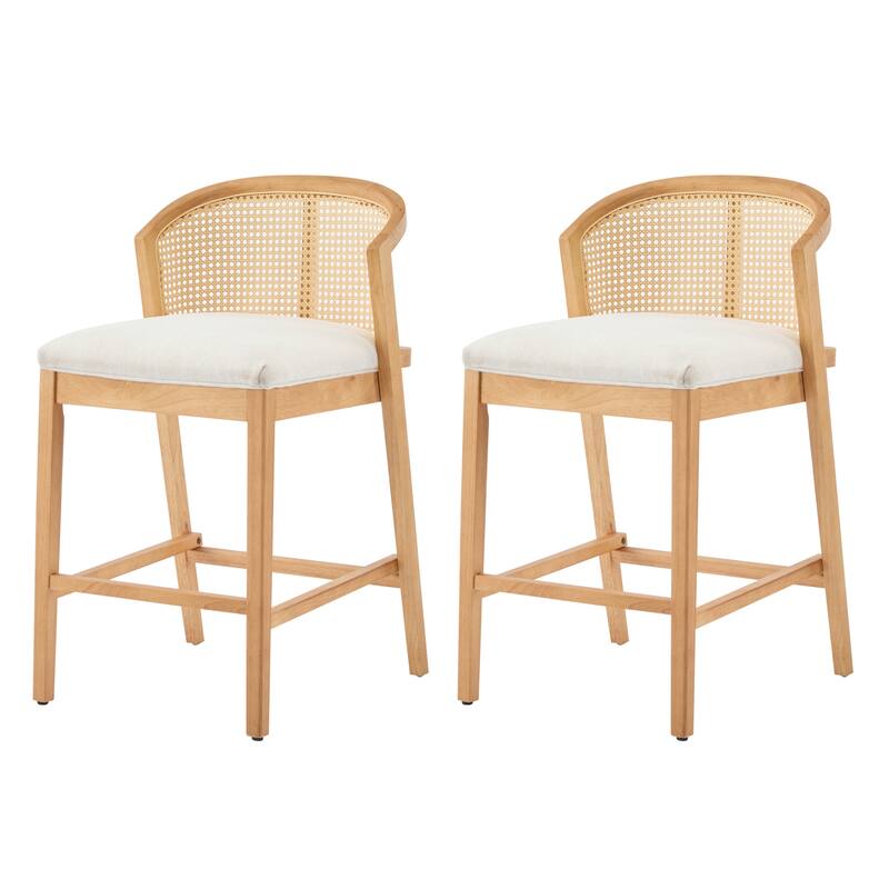 Roomfitters Tatti Indoor Wooden Counter Stools with Rattan Back and Beige Upholstery, Set of 2 - Set of 2