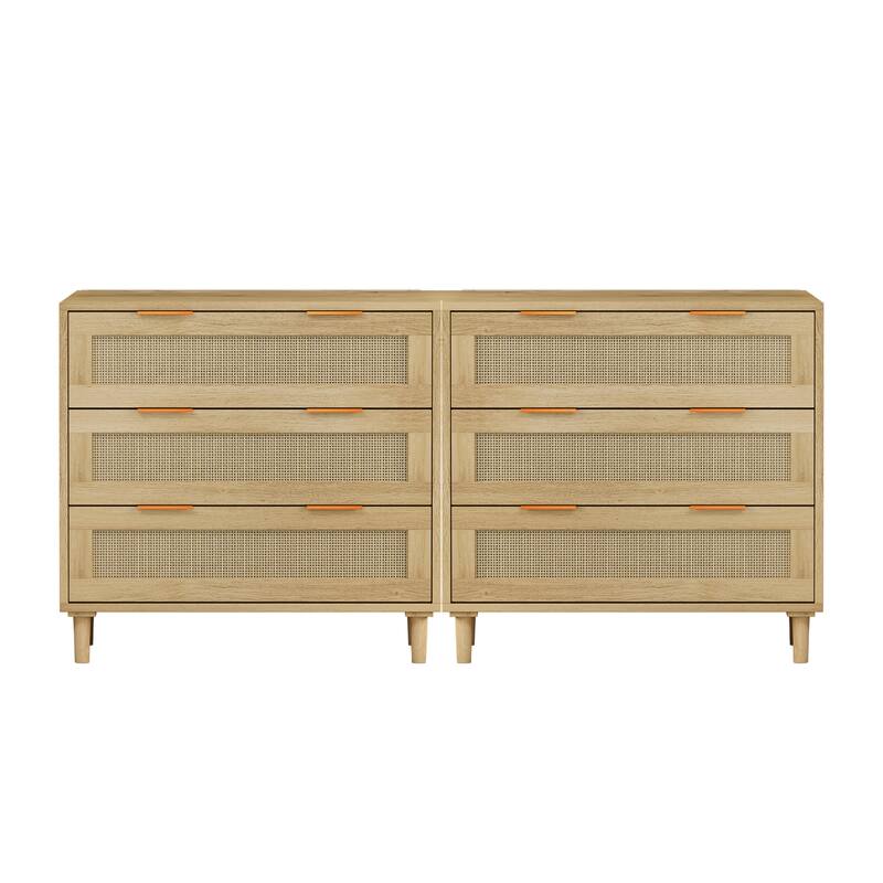 Boho Rattan Dresser with 3 Drawers, Wooden Dresser Chest of Drawers for Bedroom Hallway