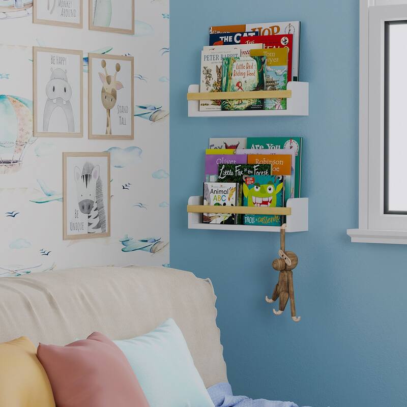 Wallniture Florida Wood Floating Shelves, Kids Room Wall Decor, White, Set of 2