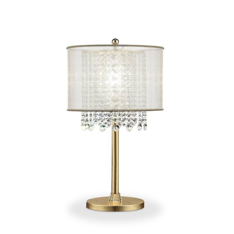 Gold Metal Table Lamp with White Silk Drum Shade and Crystal Accents - 16” x 16” x 30” (D x W x H)
