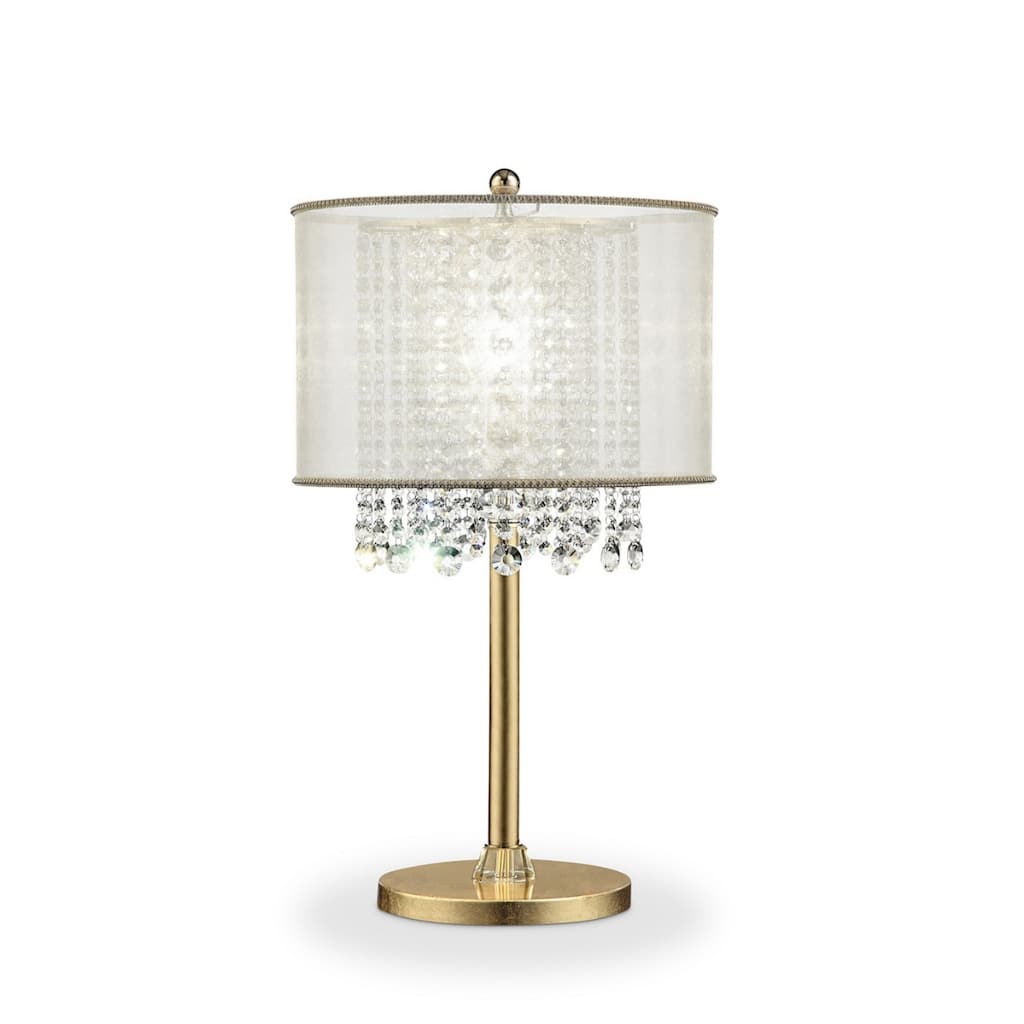 Gold Metal Table Lamp with White Silk Drum Shade and Crystal Accents - 16” x 16” x 30” (D x W x H)