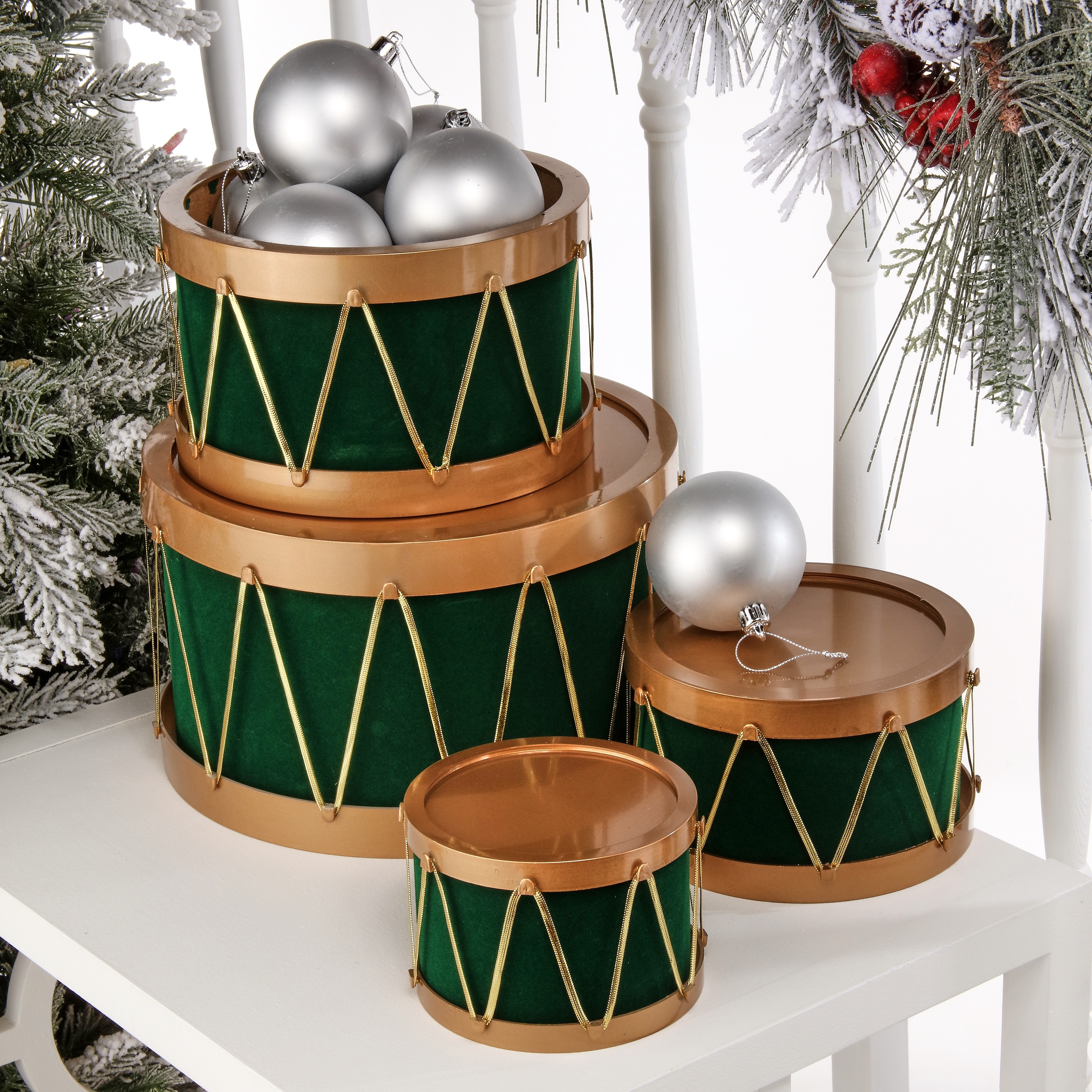 4.5"-11" Shatterproof Flocked Drum W/Rope Container Set of 4